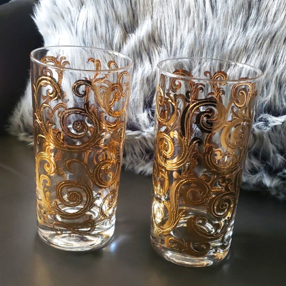 Mid Century Modern Retro Gold Scrolls Gilded Swirl Glass Tumbler